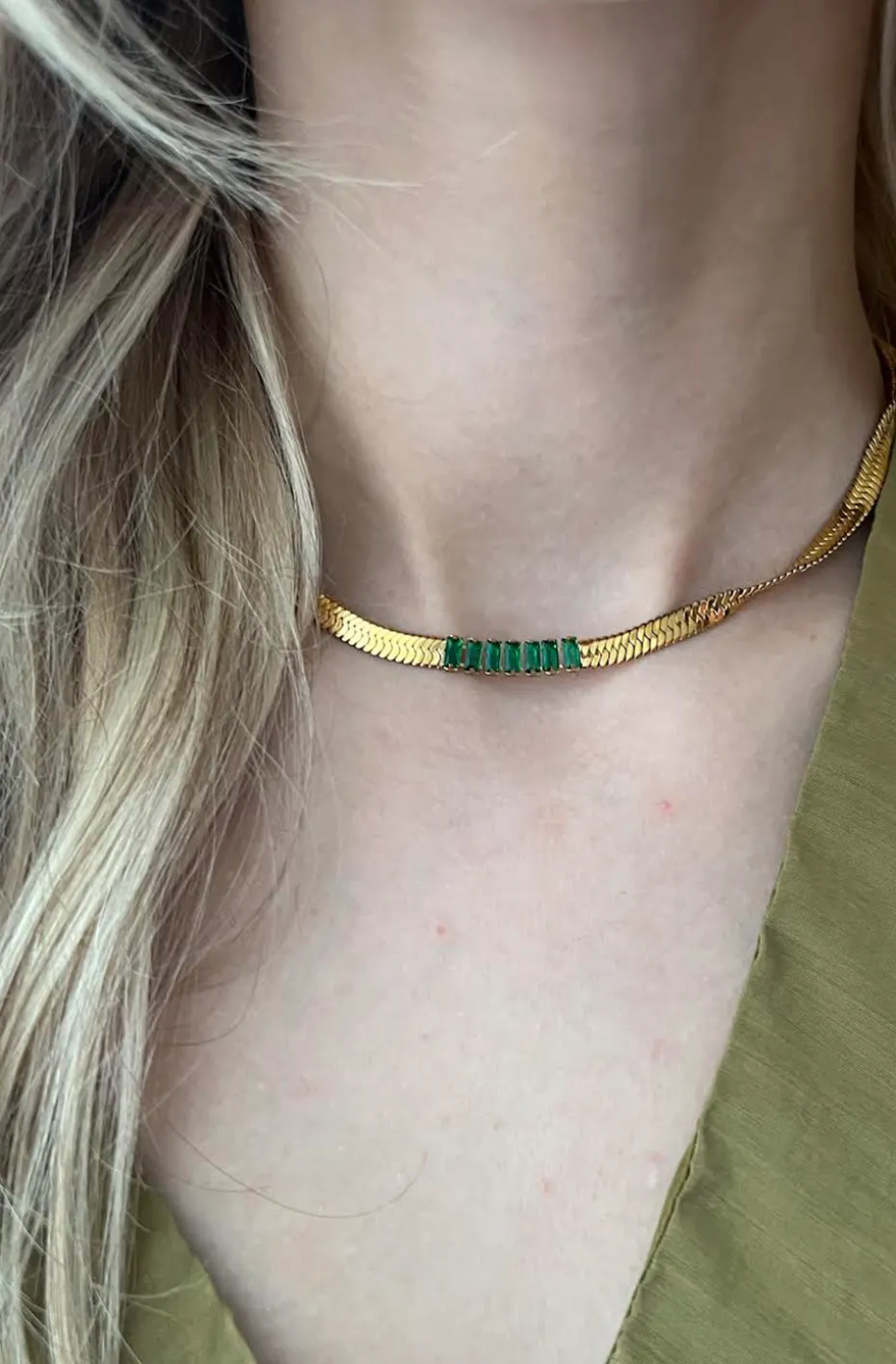 COLLAR CADENA SERPIENTE CRISTALES VERDES