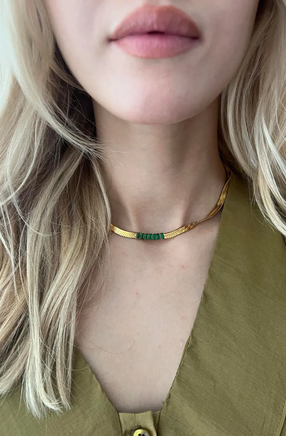 COLLAR CADENA SERPIENTE CRISTALES VERDES