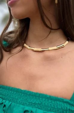 CONJUNTO COLLAR, PULSERA Y PENDIENTES BAMBOO DORADO