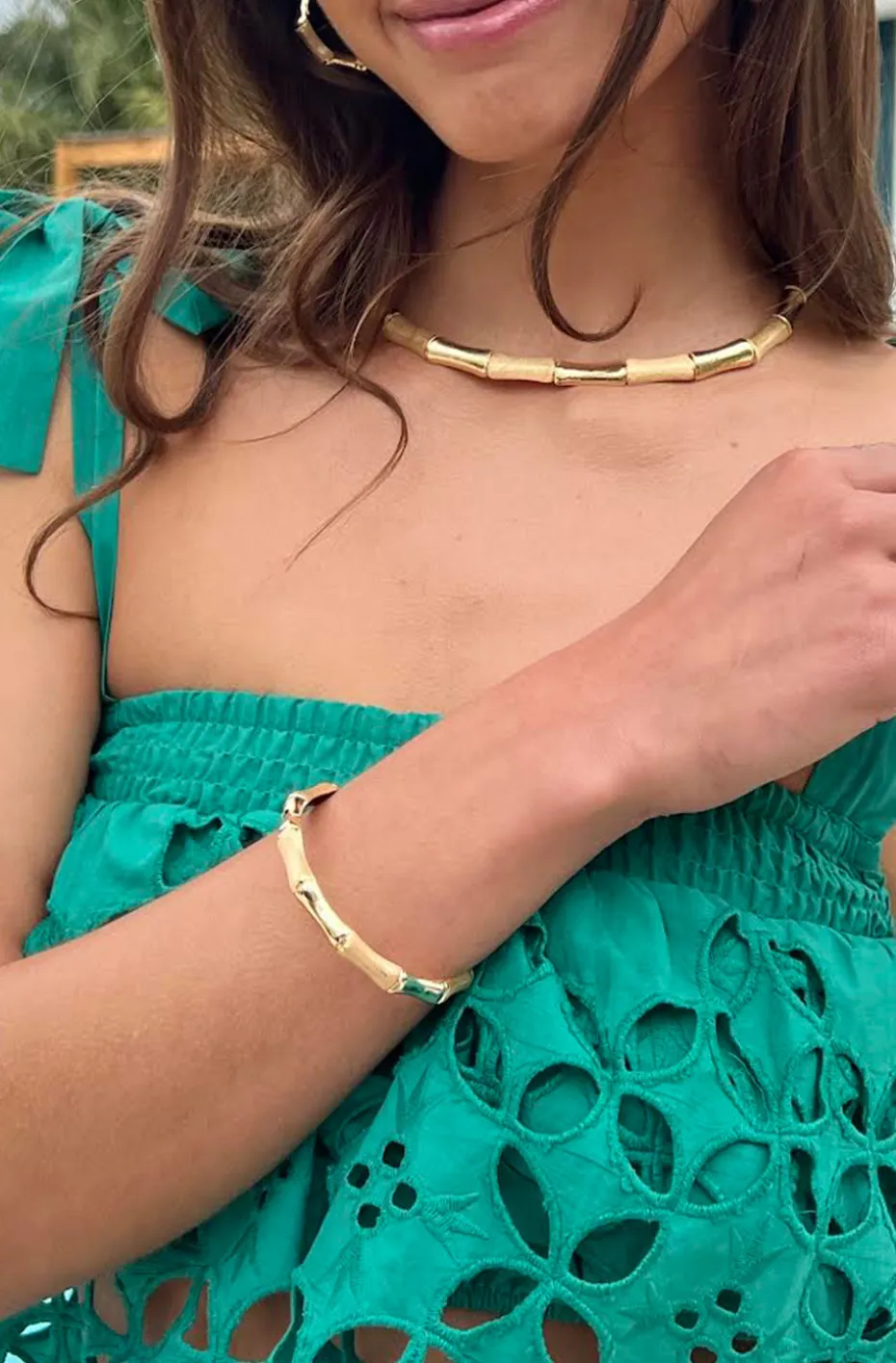 CONJUNTO COLLAR, PULSERA Y PENDIENTES BAMBOO DORADO