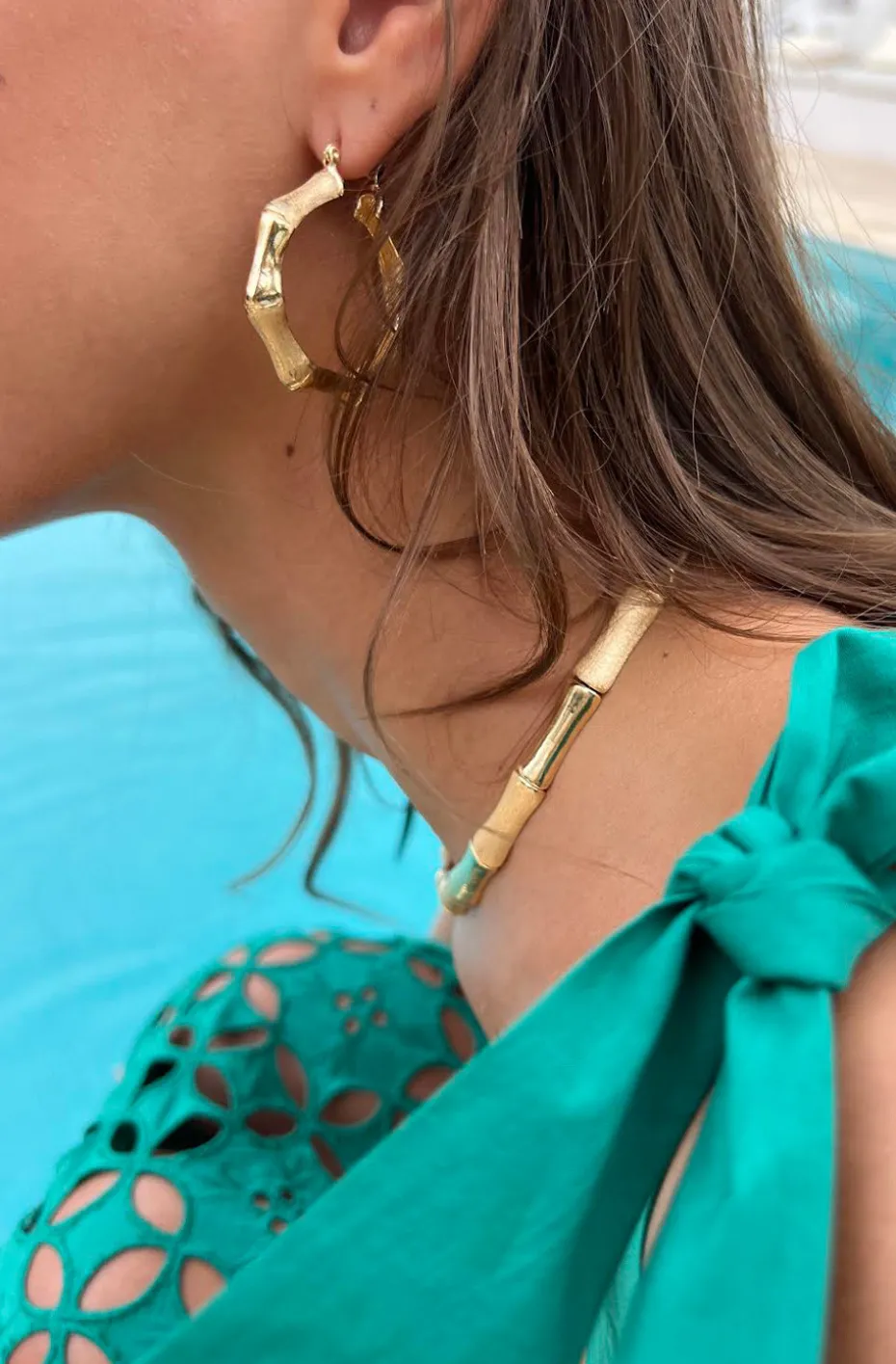 CONJUNTO COLLAR, PULSERA Y PENDIENTES BAMBOO DORADO
