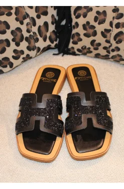 SANDALIAS PLANA NEGRA CON GLITTER