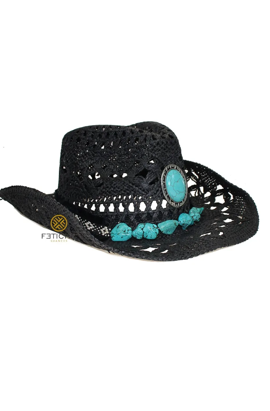 SOMBRERO NEGRO CON TURQUESAS