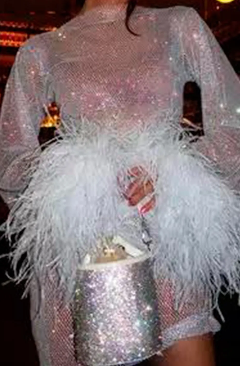 VESTIDO PLATA CRISTALES Y PLUMAS