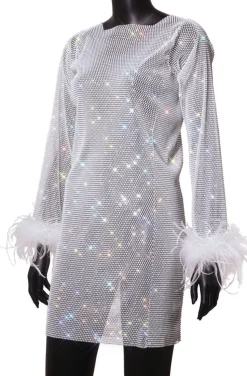 VESTIDO PLATA CRISTALES Y PLUMAS