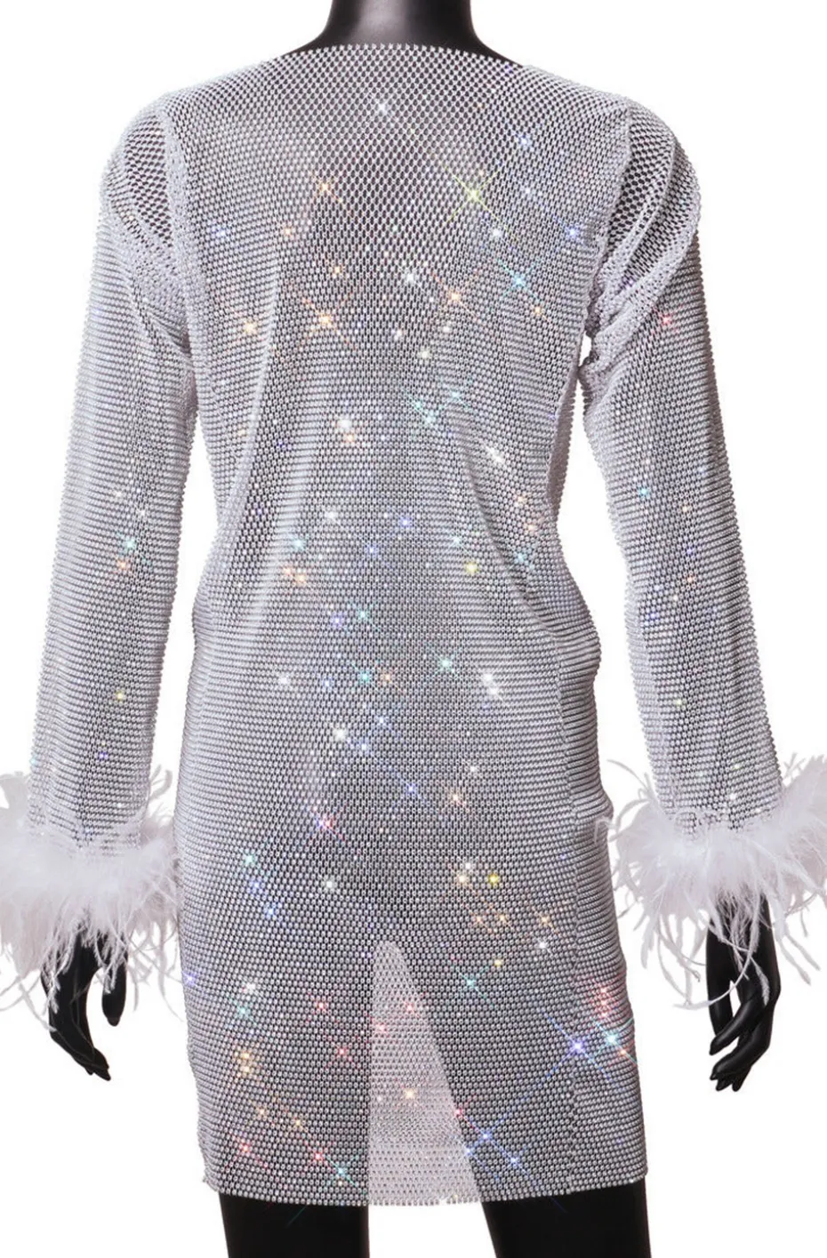 VESTIDO PLATA CRISTALES Y PLUMAS